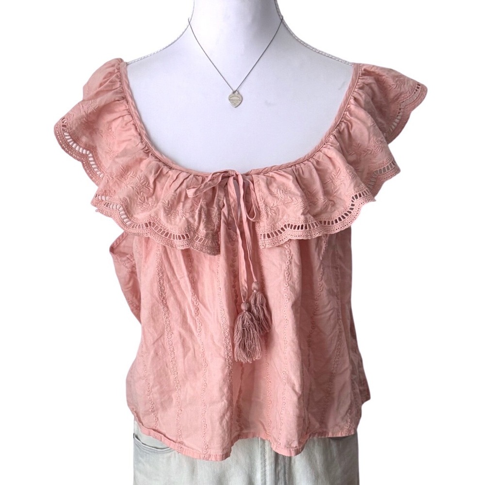 Shabby Chic Pink Eyelet Ruffle Blouse Boho Cottagecore 100% Cotton Top Large